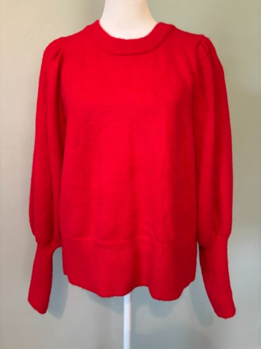 CeCe Bright Cherry Red Crew Neck Sweater w/Puffed Balloon Sleeves Size Medium
